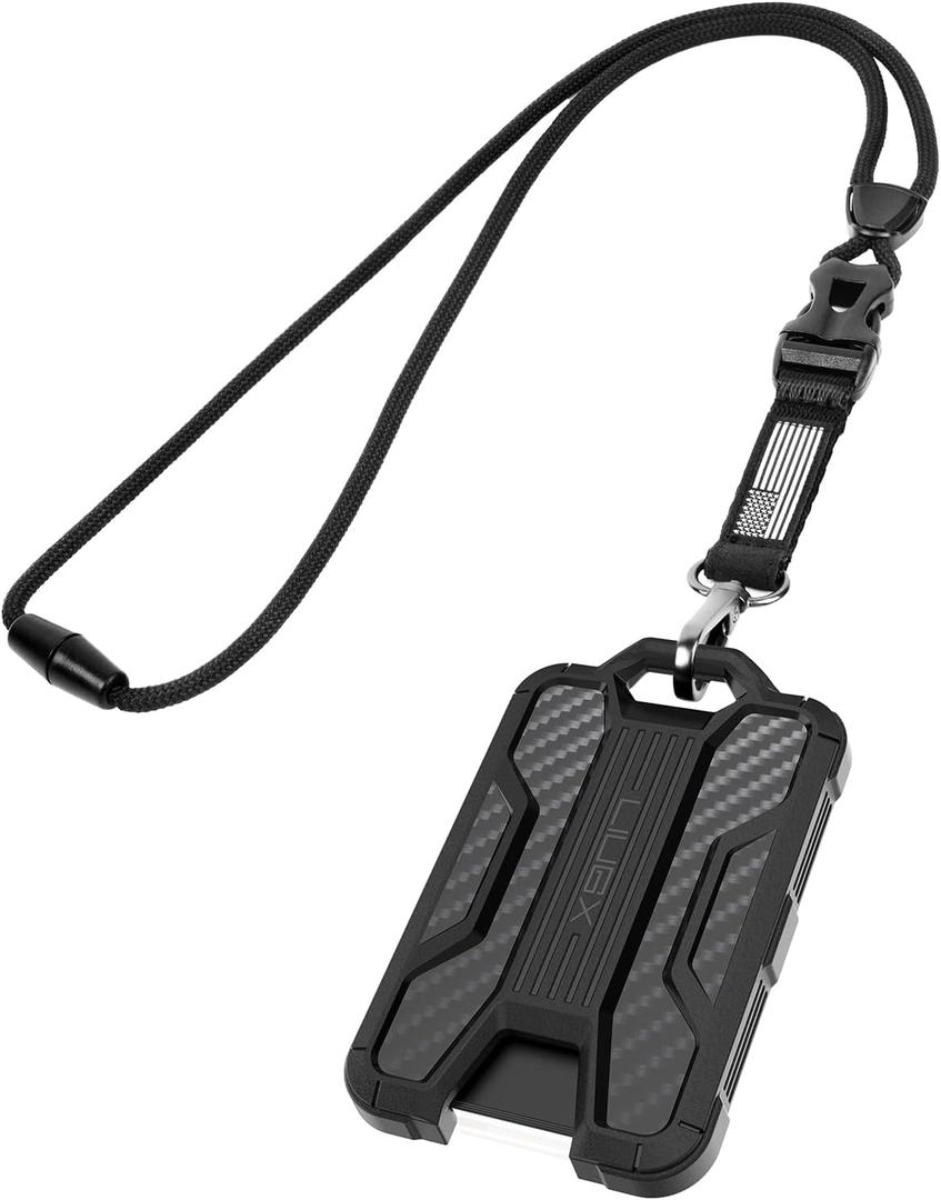 LIUGX Badge Holder with Heavy Duty Breakaway Lanyard, Carbon Fiber-Texture, Durable ID Card Holder (Holds 6 Cards) with Quick Release Detachable Buckle, Metal Clip, American Flag (Black)