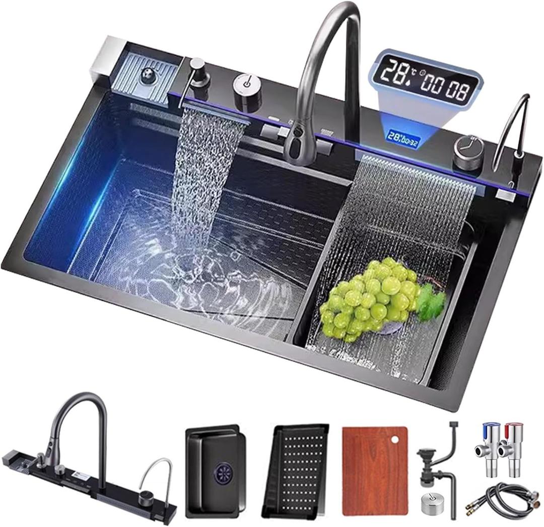 Kitchen sink double waterfall sink with LED display with cup washer, soap dispenser, waterfall mixer, worktop controller, etc. workstation kitchen sink (Gun grey, 35.4 * 19.7 * 8.7 IN)