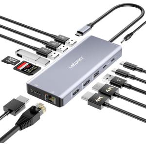 LASUNEY USB C Laptop Docking Station Dual Monitor, 14 in 1 Hub Multiport Adapter Dongle with 2 HDMI, DisplayPort, RJ45, SD/TF, USB C/A Ports, PD, Mic/Audio, Compatible for MacBook Dell HP Lenovo (Metallic)