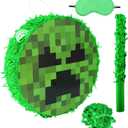 Mini Round Green Pixel Pinata with Stick Blindfold,Birthday Pixel Pinata,Solid Color Circle Party Decoration for Pixel Party Birthday Party Halloween Decorations