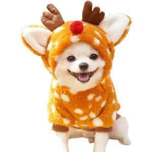 Dog Christmas Outfit with Antlers Funny Dog Reindeer Costume Fleece Puppy Hoodies for Small pet Winter Cat Clothes Pet Elk Costume for Kitten Chihuahua Yorkie (Brown, Medium)