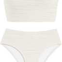 ZAFUL Womens Bandeau Bikini Set Strapless Textured Two Piece Lace up Bathing Suits High Waisted V-Neck Swimsuits, M, Beige