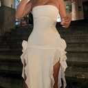 Women's Sexy Fringe Ruffle Sleeveless Backless Off Shoulder Bodycon Split Irregular Hem Maxi Flowy Dress (White, M)