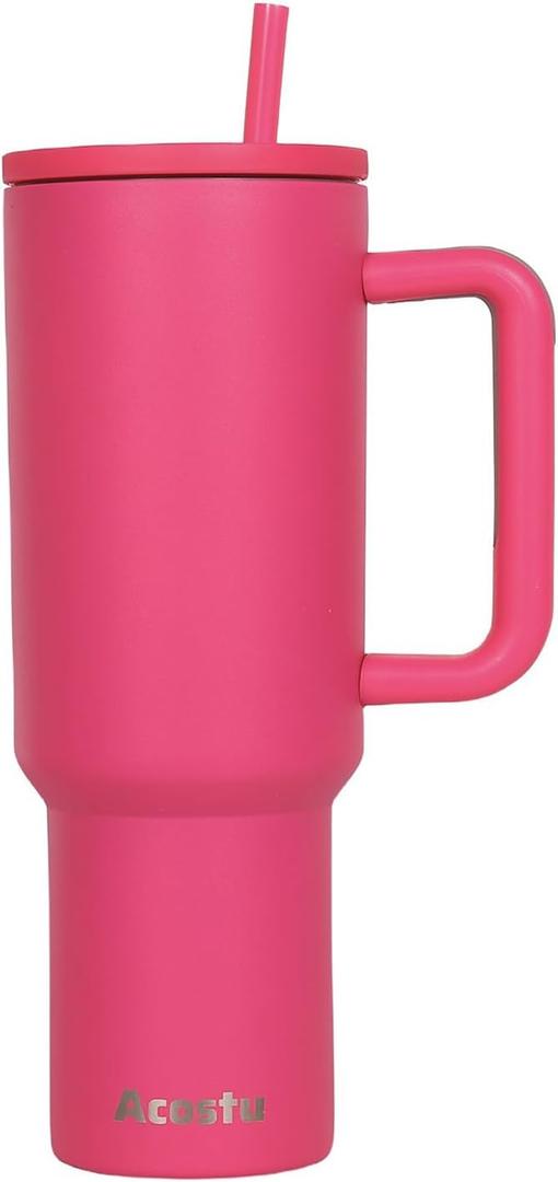 40oz Insulated Stainless Steel Tumbler | Double Wall Reusable Water Bottle with Handle & Straw Lid | Travel Coffee Mug for Coffee, Tea, Cold Drinks (Pink)