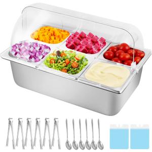 Cold Food Buffet Server 9.6Qt (6 Pans1.6Qt) with Ice Packs for Salad Pizza Sauce Colded Serving Trays Condiments Containers for Parties Buffet, 21x13x13 inches