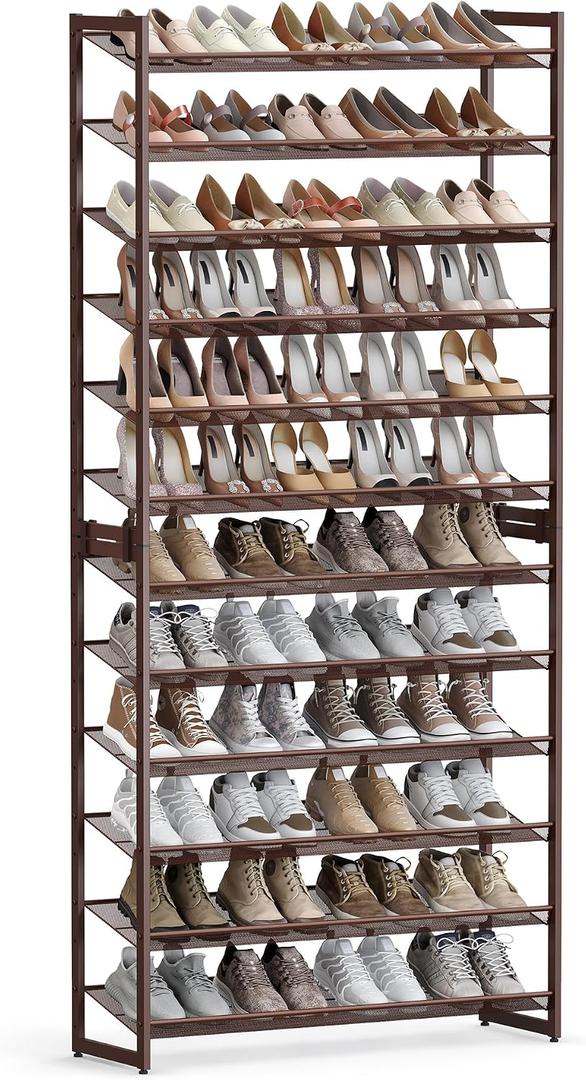 SONGMICS Shoe Rack, 12-Tier Shoe Organizer, Metal Rack for Garage, Set of 2, 6-Tier Stackable Shelf, with Adjustable Flat or Angled Shelves, Holds 48-60 Pairs, Bronze ULMR12A