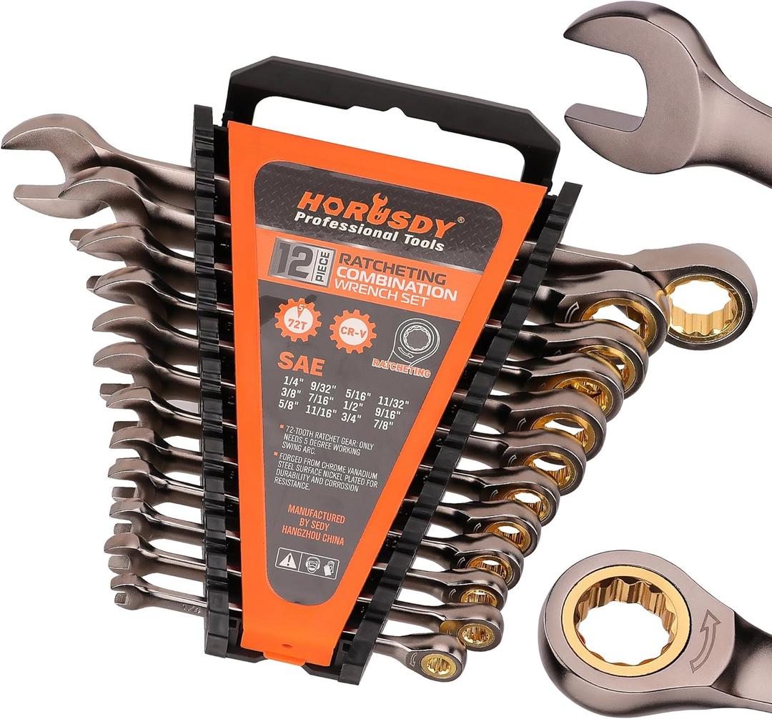 HORUSDY 12-Piece SAE Ratcheting Wrench Set | 1/4 to 7/8 | Ratchet Combination Wrenches Set with Organizer | 72-Teeth | Chrome Vanadium Steel