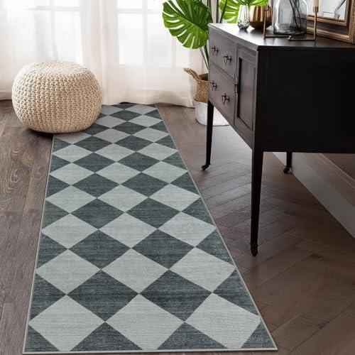 Checkered Kitchen Runner Rug 2×10, Ultra Thin Washable Runners for Hallways Non Slip, Moroccan Neutral Print Non Shedding Kitchen Runner Rugs, Stain Resistant 10 Foot Runner Rug, Blue/Grey