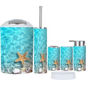 Bathroom Accessory Set 6 Piece Starfish Seashell Summer Beach sea Water Summer Toothbrush Holder, Toothbrush Cup, Soap Dispenser, Soap Dish, Toilet Brush Holder, Trash can (Multi7) Bathroom Accessory Set 6 Piece Starfish Seashell Summer Beach sea Water Summer Toothbrush Holder, Toothbrush Cup, Soap Dispenser, Soap Dish, Toilet Brush Holder, Trash can (Multi7)