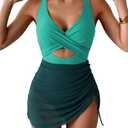 B2prity Women Mesh One Piece Swimdress Swimsuit Tummy Control V Neck Cutout Bathing Suit Wrap Drawstring Sarong Swimwear L