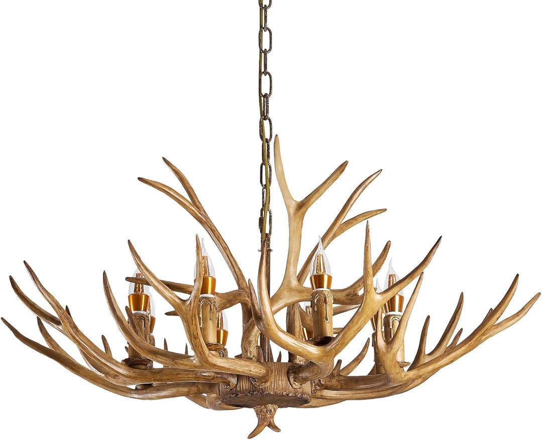Antler Chandelier 8-Light, 39.4in Vintage Deer Antlers Chandelier Rustic Style Faux Deer Resin Antlers Lamp Antler Horn Retro Lighting for Dining Room Bedroom Cabin(6Lamp Arms + 3 Arms)