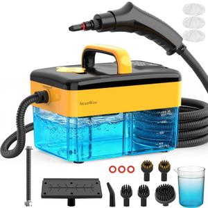 10S Fast Heating Heavy Duty Steam Cleaner 7 Adjustable Levels, 1.6 Quarts Tank, Continuous Spray, Natural Deep Cleaner, Portable Handheld Steamer with 15 Accessories for Home, Car, Tile (Yellow)