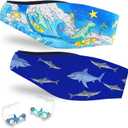 Swimming Headband for Kids - 2 Pairs Waterproof Ear Plugs & Adjustable Swim Ear Band,Keep Water Out and Hold Earplugs in - Water Headband for Surfing, Diving, Pool, Showering, and Beach (1 pair (Pack of 4), Shark + Dinosaur)