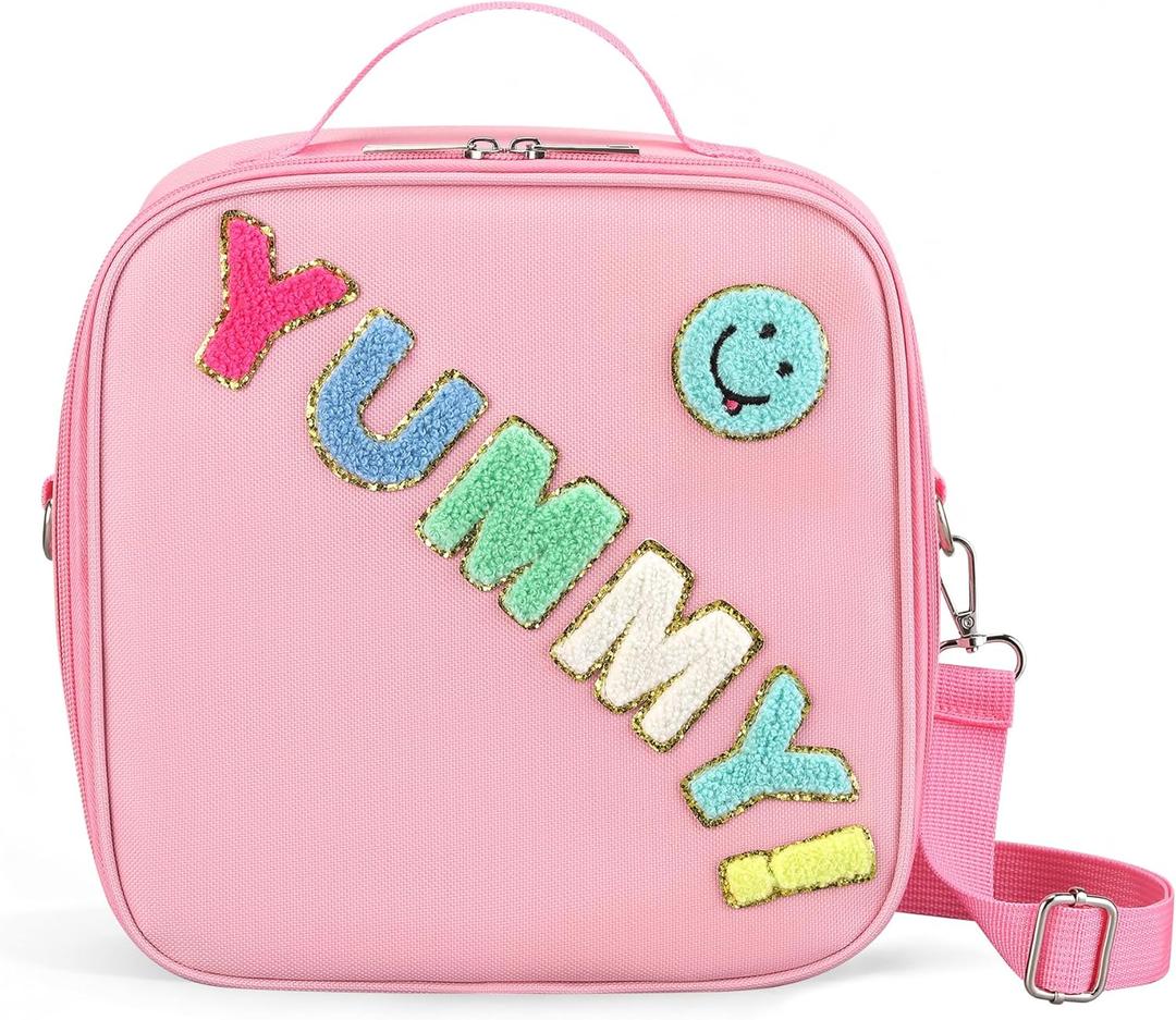 Reusable Insulated Lunch Bag for Kids Teens & Adults with Adjustable Shoulder Strap - Large Durable Lunch Bag Tote for School Travel Picnic Work - Leakproof Design Lunch Carrier (Pink-YUMMY)