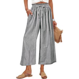 ANRABESS Womens Striped Gingham Palazzo Capri Pants Pajama Wide Leg Lounge Trousers Plaid Cute Crop PJ Bottoms with Pockets (Large, Black White Plaid)