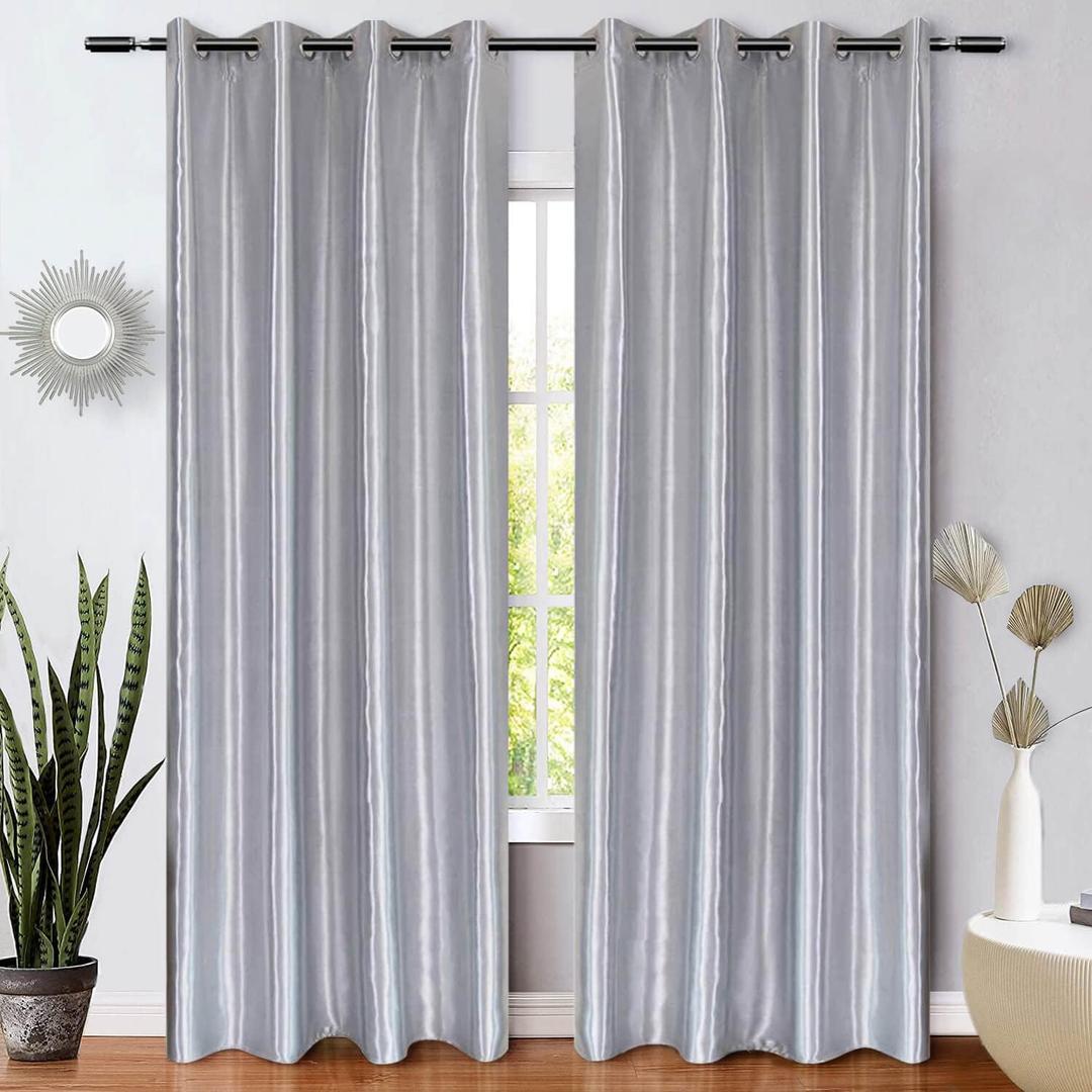 WUBODTI Silver Grey Curtains for Living Room 84 Inch Length 2 Panels, Sparkle Metallic Faux Silk Curtain Drapes Shiny Light Gray Satin Curtains Modern Grommets Light Filtering Curtain for Bedroom