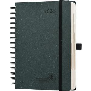 POPRUN 2026 Daily Planner One Page A Day - [5.75" x 8.5"-100% Recycled Materials Spiral Soft Cover] - 2026 Agenda with Monthly Calendar, Folded Inner Pocket - Black Grey