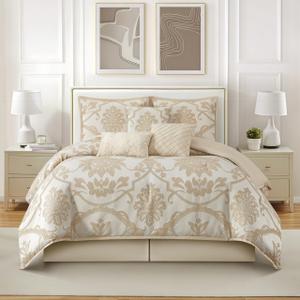 Stratford Park 7 Piece Gold Comforter Set, Elegant Floral Queen Size Bedding, Jacquard with Matching Solid Microfiber Piece Work, All Season Bedding Sets, Matching Bedskirt, Pillow Shams