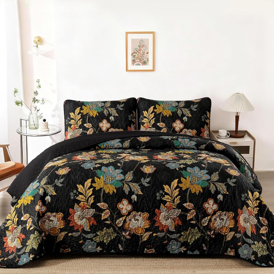 WONGS BEDDING Floral Quilt Set King,3 Pieces Vintage Botanical King Bedspread,Black Floral Quilt Bedding Set with 2 Pillowcases,Soft Lightweight Microfiber Coverlet Set for All Season(104"X90")