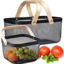 Cheardia 2 Pack Picnic Baskets, Metal Mesh Harvest Basket with Foldable Wooden Handle, Rectangle Garden Storage Basket Bin for Vegetable Fruit Garden Kitchen Cabinet Picking Gathering (Black)