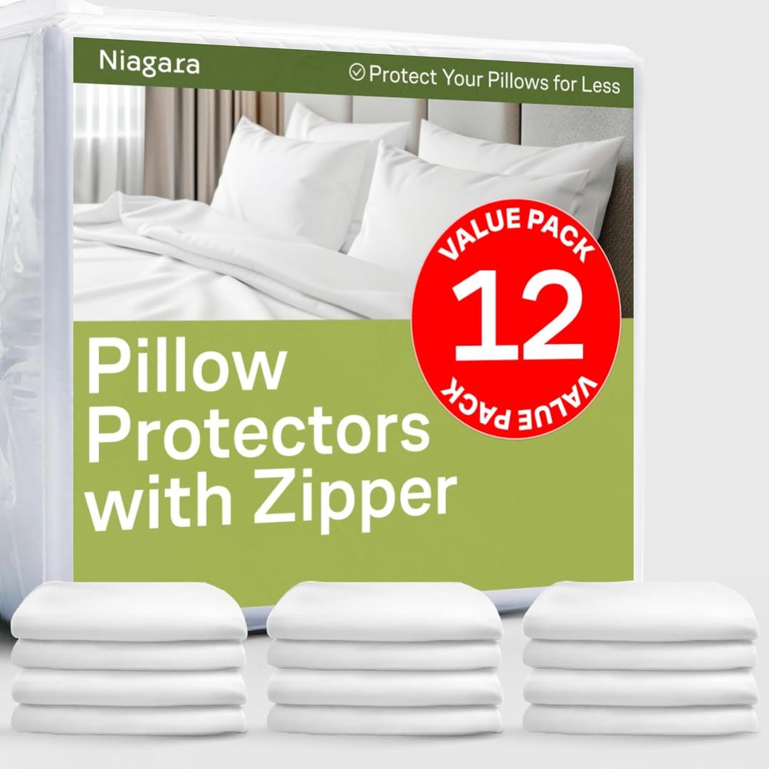 Ultra Soft Pillow Protectors with Zipper Standard Size - Set of 12 Breathable Pillow Covers - 100% Protection Against Stains, Dust & Dirt - Machine Washable (White)