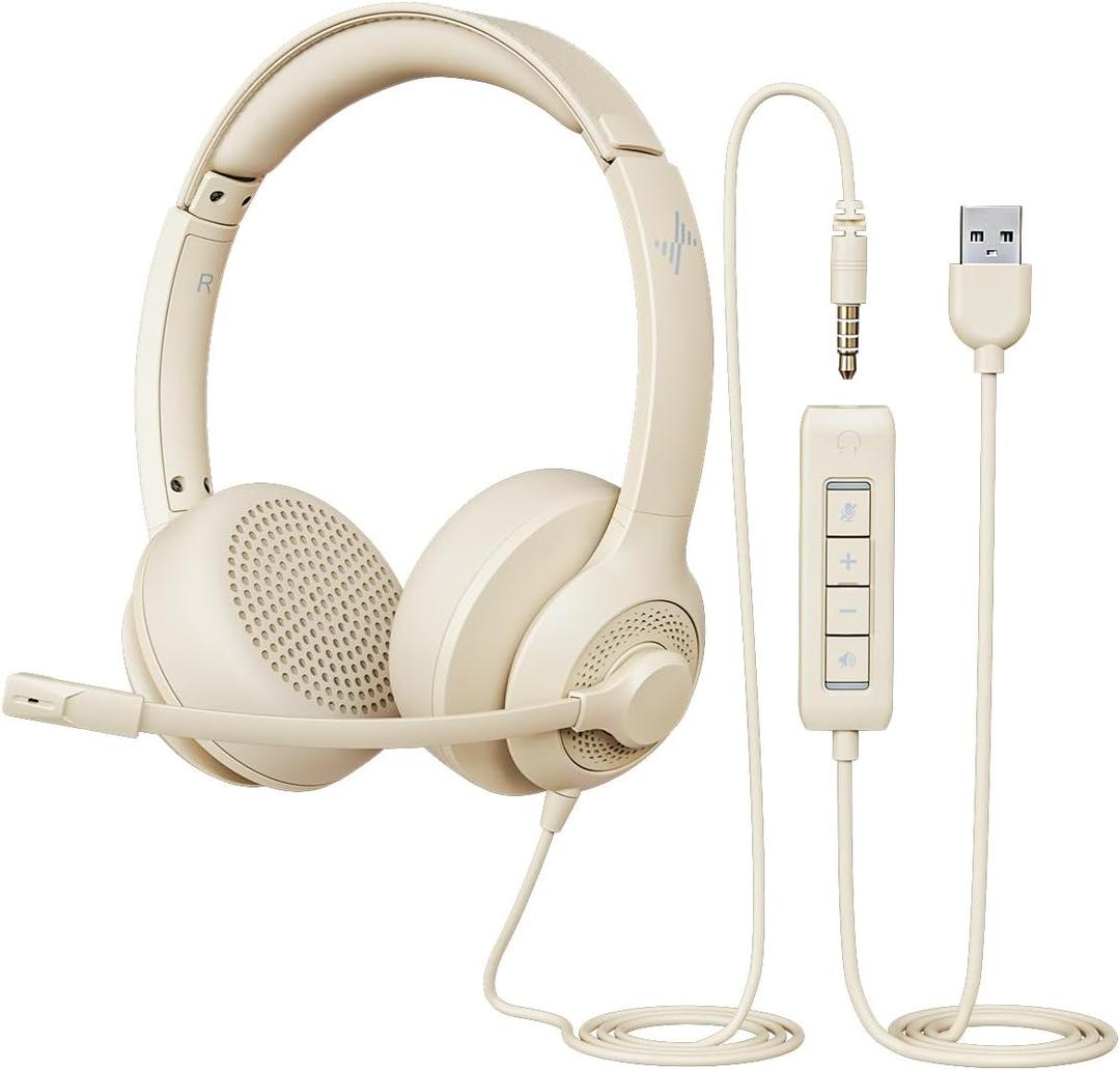USB Headset with Microphone for PC, On-Ear Computer Laptop Headphones with Noise Cancelling Mic in-line Control for Home Office Online Class Zoom (USB+3.5mm, Apricot)