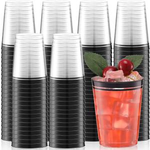 Zubebe 100 Pcs 10 oz Plastic Disposable Cups with Rim Clear Champagne Glasses Tumblers Double Rimmed Drinking Cups for Mardi Gras Birthday Wedding Graduation Party Wine Cocktail Coffee(Black)