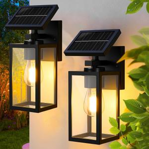 2Pack Solar Wall Lights Outdoor, All-Metal Dusk to Dawn Solar Lanterns Outdoor Waterproof, Porch Lights for House Front, Garage, Patio, Shed (Bulb Included)