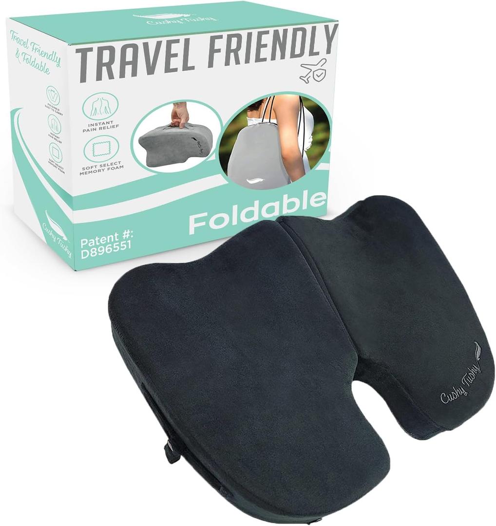 Premium Foldable Travel Seat Cushion - for Relief of Lower Back, Sciatic, Butt and Tailbone Pain - for Home & Office Use, Perfect for Travel or Driving - Coccyx Seat Cushion (Regular, Black)