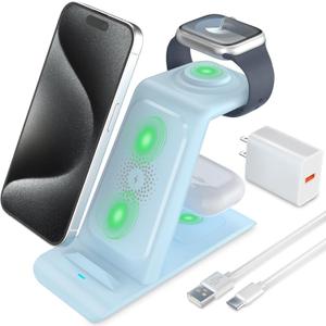 HATALKIN 3 in 1 Wireless Charging Station Compatible for Apple Products Multiple Devices Charger for Apple Watch Ultra 11 10 9 8 7 SE AirPods Pro iPhone 17 16 15 14 13 Pro Max/X/XS Fast Charger Stand (Blue)