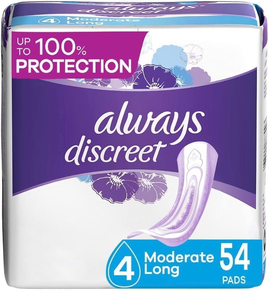 Always Discreet, Incontinence & Postpartum Pads For Women, Size 4, Moderate Absorbency, Long Length, 54 Count