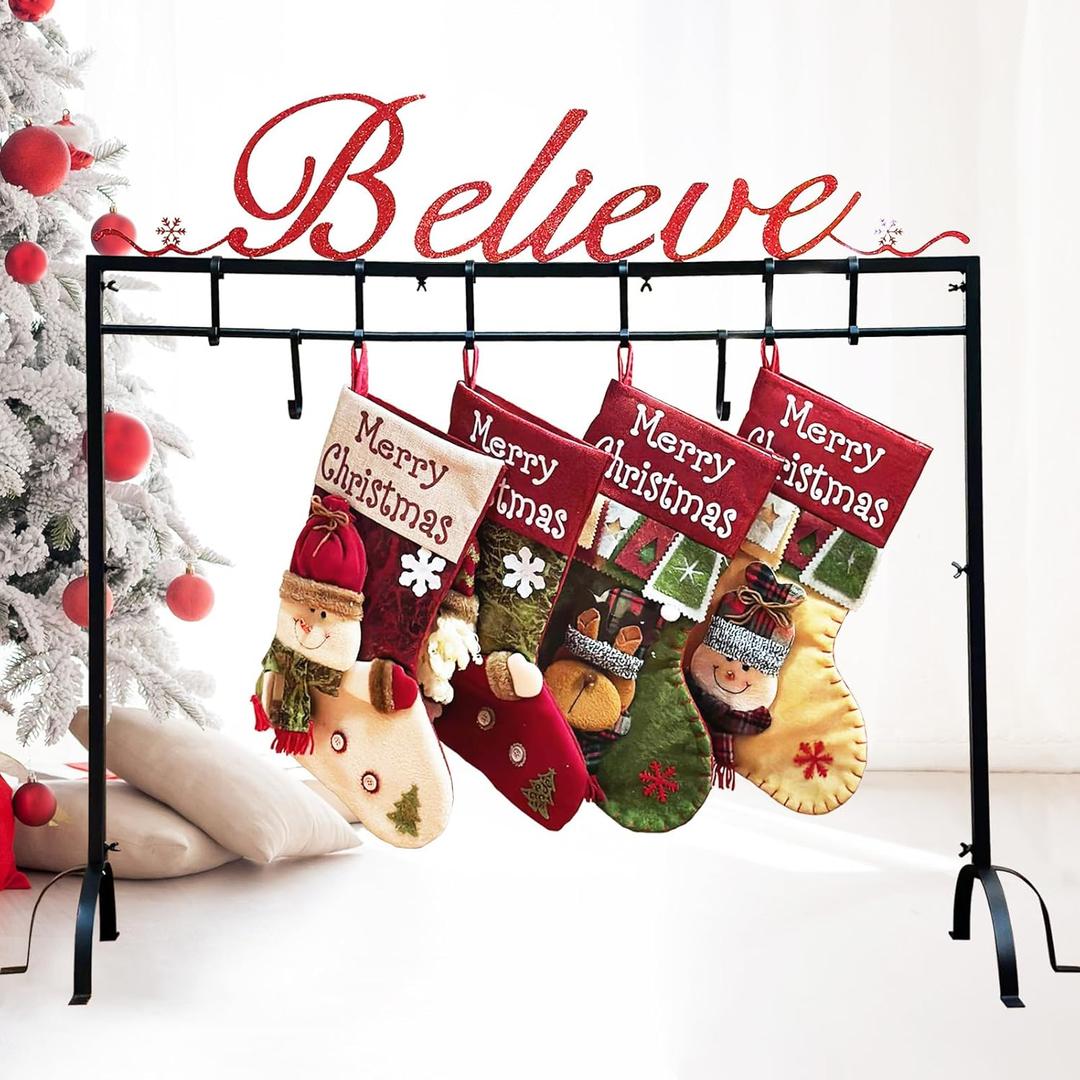Metal Believe Christmas Stocking Holder Stand with 8 Hooks,Heavy Duty Freestanding Christmas Stocking Holder Stand for Floor.Deluxe Christmas Stocking Stand-Easy Assembly and Stand for Home