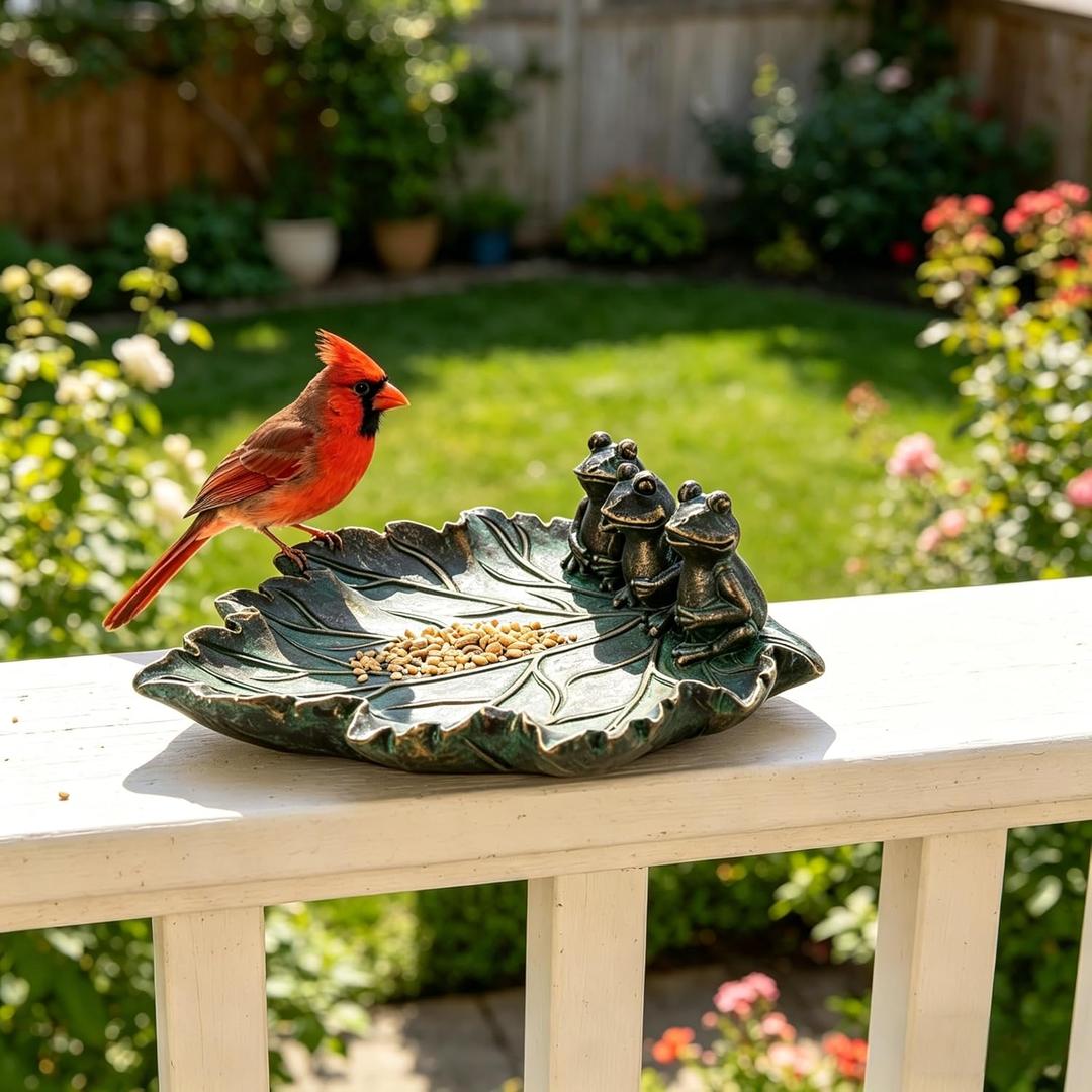 Bronze Leaf Bird Bath with Frog Figurines Resin Birdbath Bowl Small Water Dish Birdfeeder Tray Bird Water Feeder for Lovers Gardeners Yard Decorations Outdoor Garden Decor Patio