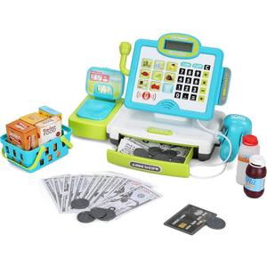 FS Pretend Play Calculator Cash Register Toy as Preschool Gift for Kids, Classic Count Toy with Sound, Microphone, Scanner, Pretend Credit Card, Play Food for Boys & Girls,45 Pieces, Ages 3 4 5 6 7 (Playset Blue Plus)