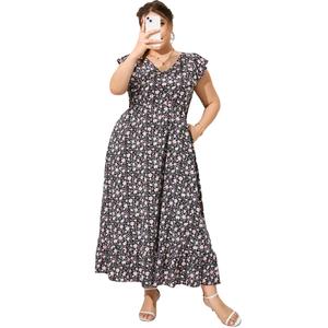 KOJOOIN Women's Plus Size Summer Dress with Pocket Ruffle Cap Sleeveless V Neck Side Split Long Beach Maxi Dress Black Flower 3XL (Black, XXXL)