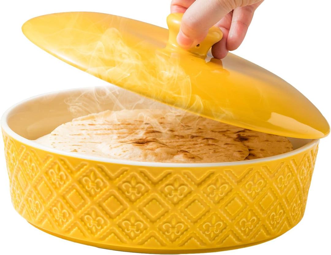 Ceramic Tortilla Holder with Lid, 8.8 inch Tortilla Warmer Server, Microwavable Storage Container, Taco Holder for Mexican Fiesta Party Taco Tuesday, Tortillas Warmer Basket Oven Safe, Yellow