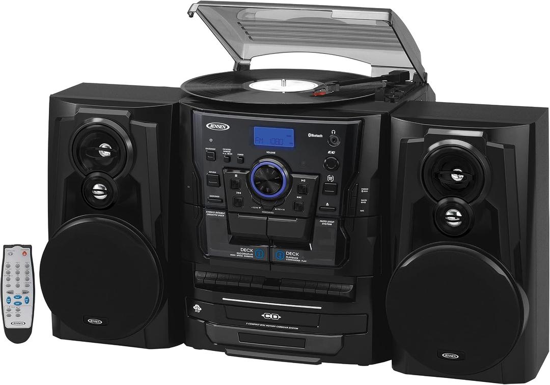 JENSEN Bluetooth 3 Speed Stereo Turntable 3 CD Changer Music System with Dual Cassette Deck, Pitch Control and Remote Control