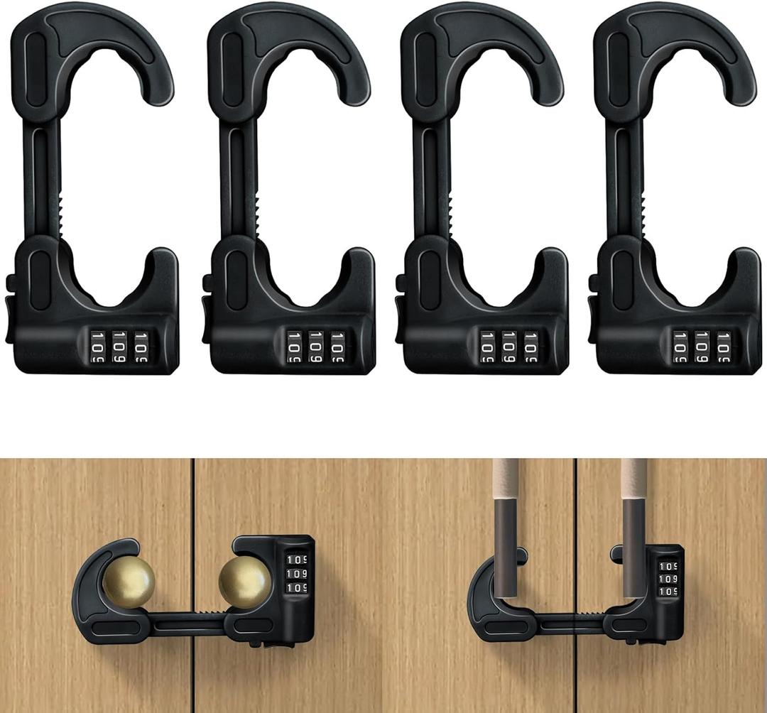 4 PACK Cabinet Locks Baby Proofing Child Proof Cabinet Lock with Combination Sliding Cabinet Door Locks Adjustable U Shaped Drawers Cupboard Locks Baby Safety Cabinet Latches for Knob Handle, Black 