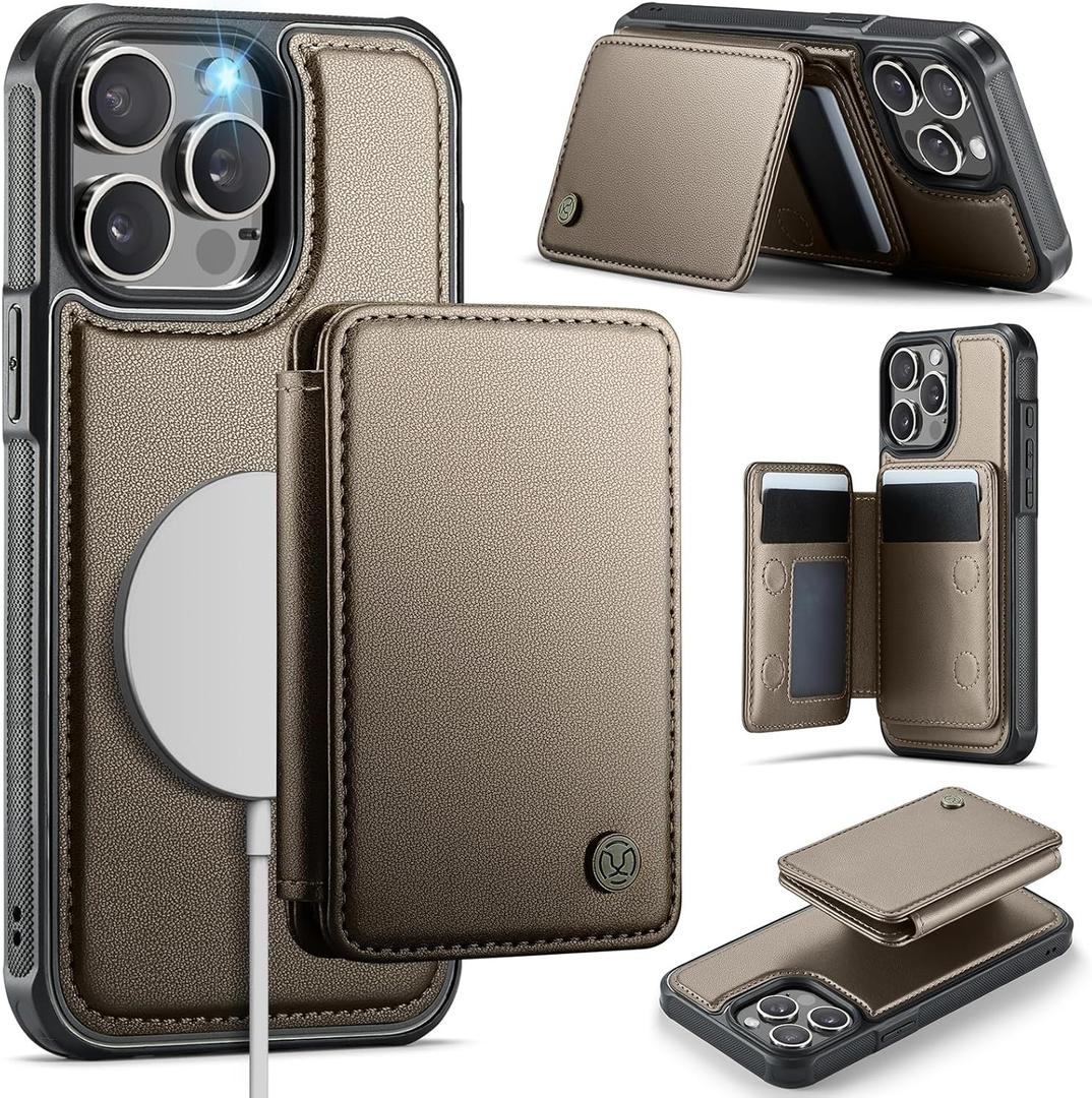 Compatible with Magsafe for iPhone 15 Pro Max Wallet Case Magnetic Card Holder, RFID Blocking 2 in 1 Detachable Kickstand Shockproof Case for Women Men, Bronze Gold
