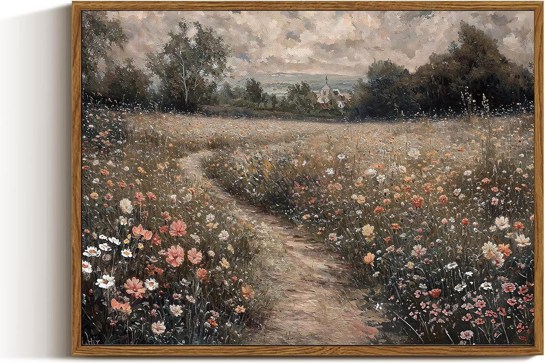VIYYIEA Framed Canvas Wall Art Home Decor Vintage Landscape Nature Country Wildflower Paintings Farmhouse Pictures Floral Artwork Rustic Flower Prints Cottagecore Living Room Bedroom Bathroom 12x16in (16L" x 12W")