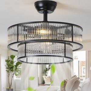 Black Fandelier Ceiling Fans with Lights, 20" Black Crystal Chandelier Ceiling Fan with Light Remote Control, Caged Mid Century with 6 Speeds for Bedroom, Living Room, Nursery