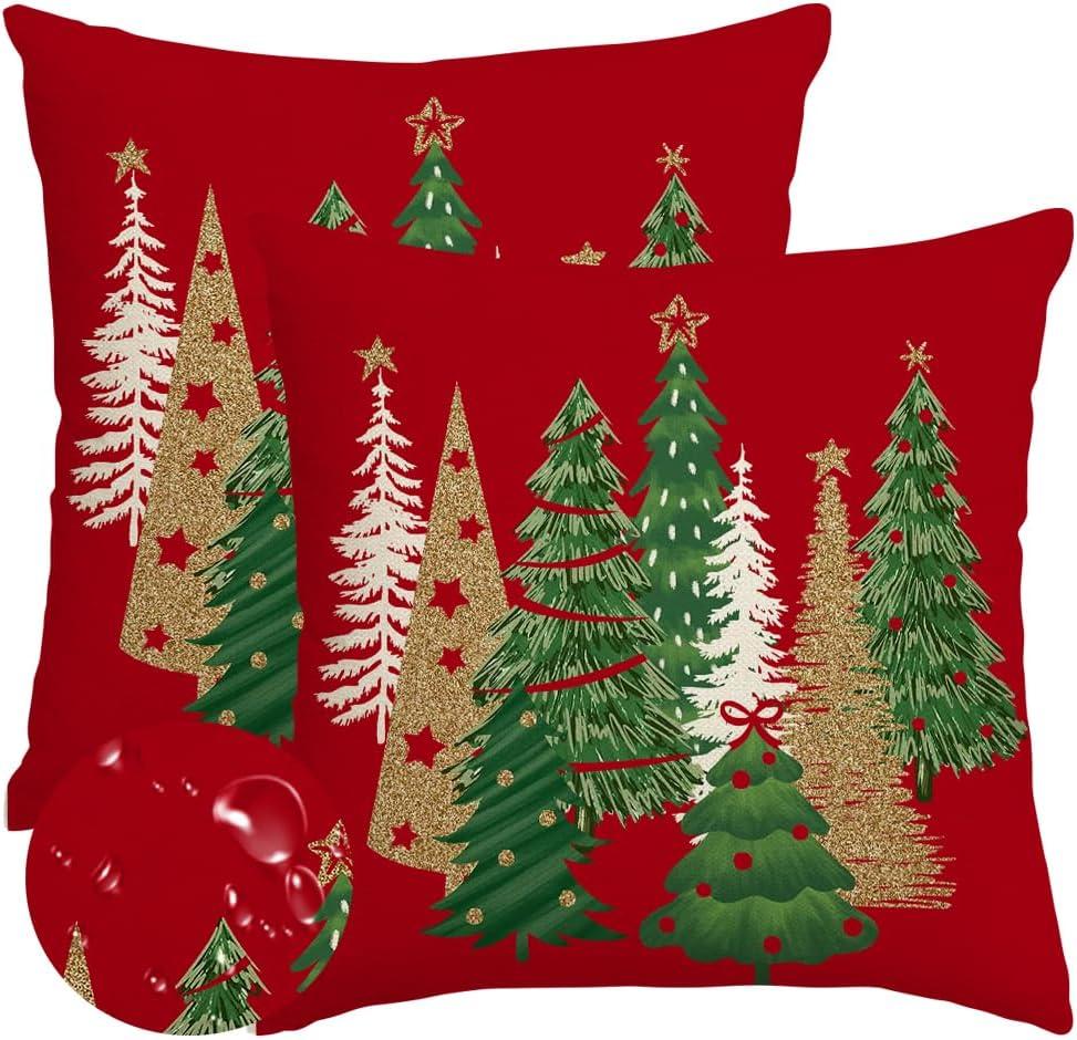 RABUSOFA Christmas Pillow Covers 20x20 Inch Set of 2 Outdoor Indoor Waterproof Christmas Tree Decorations Decorative Throw Pillow Cases Xmas Decor Winter for Couch Holiday Gold Red