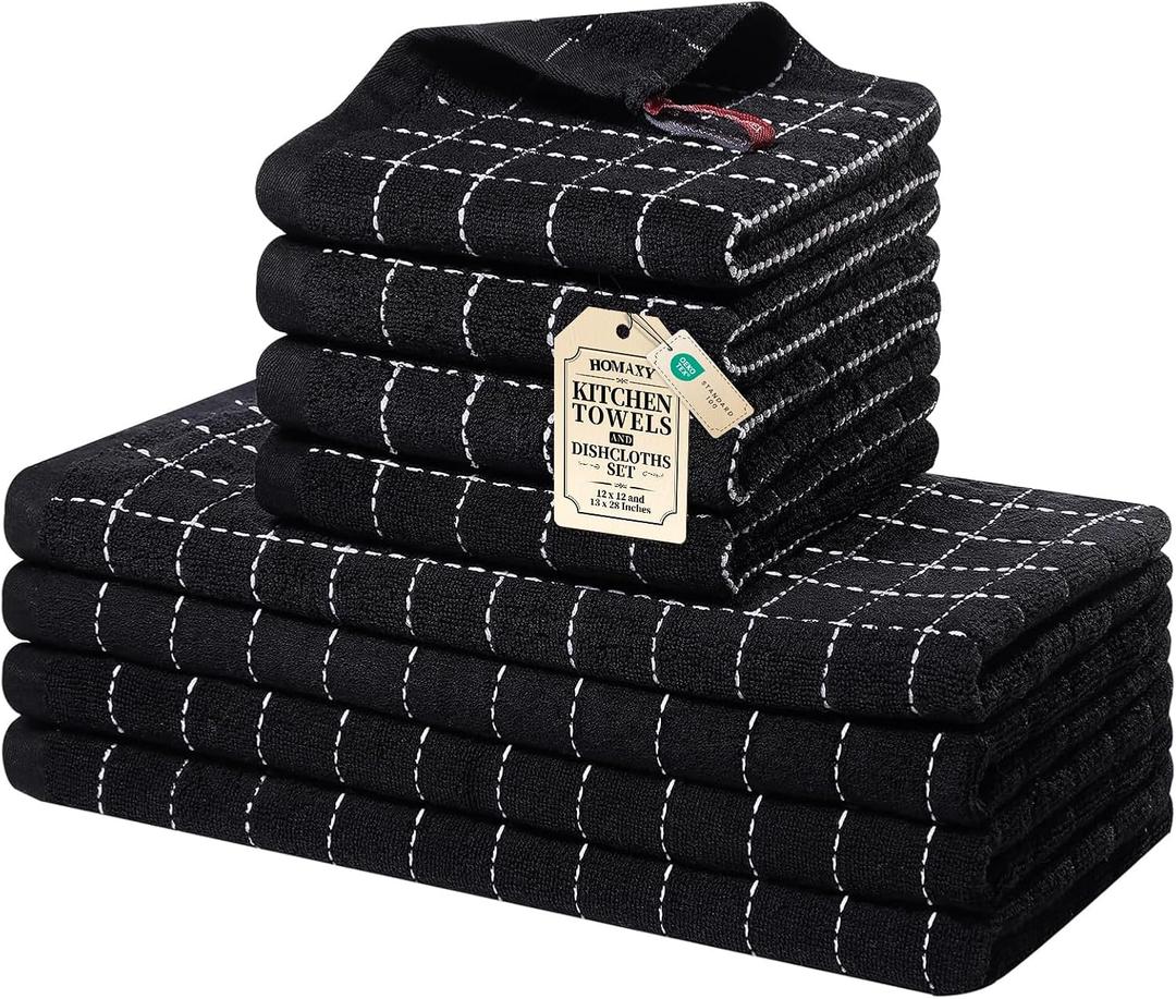 Homaxy Kitchen Towels and Dishcloths Set, 12 x 12 and 13 x 28 Inches, Set of 8 Bulk Cotton Terry Kitchen Towels Set, Checkered Designed, Soft and Super Absorbent Dish Towels, Black