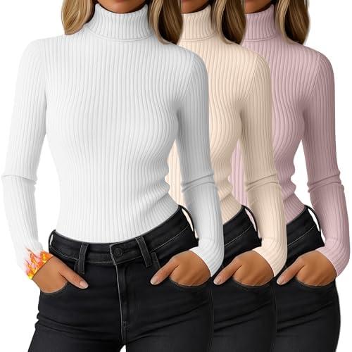 Ficerd 3 Pack Women's Ribbed Thermal Turtleneck Tops Long Sleeve Stretch Shirts Knitted Fitted Lightweight Base Layer S