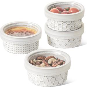LE TAUCI Ramekins with Lids, 4 oz Ramikin Set for Creme brulee, Souffle, Dipping Sauces, Ceramic Food Storage Containers Great for leftovers - 3.8 inch, Set of 4, Arctic White