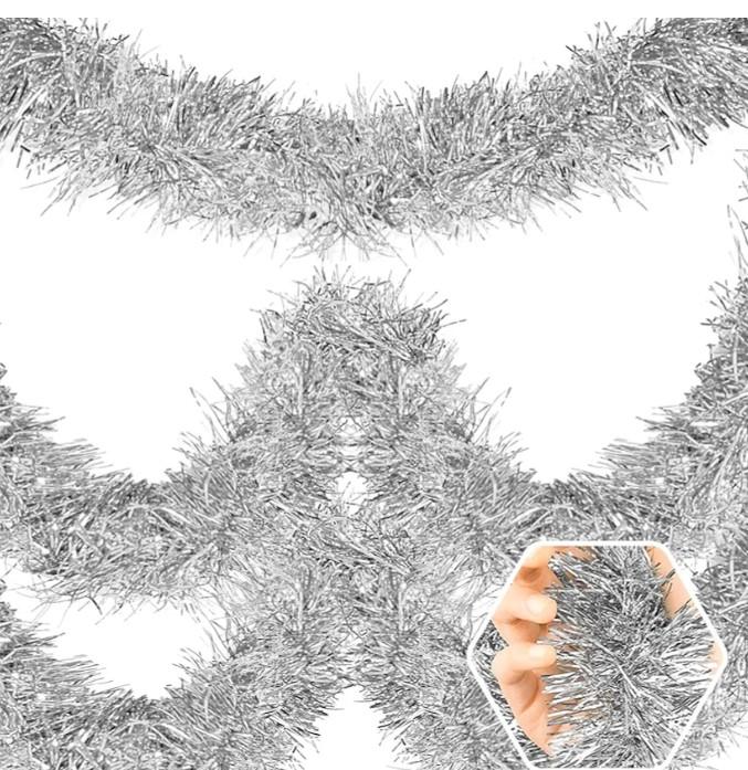 50 Feet Silver Christmas Tinsel Garland Metallic Twist Shiny Hanging Garland for Christmas Tree Decorations Xmas Holiday Decor for Home Indoor Outdoor Party Supplies (Silver)