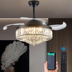 DuMaiWay Dimmable Fandelier Crystal Ceiling Fan with Light and Remote Modern Chandelier Ceiling Fan with 4 Retractable Blades for Living Room, Bedroom, Dining Room-Black 36 Inches