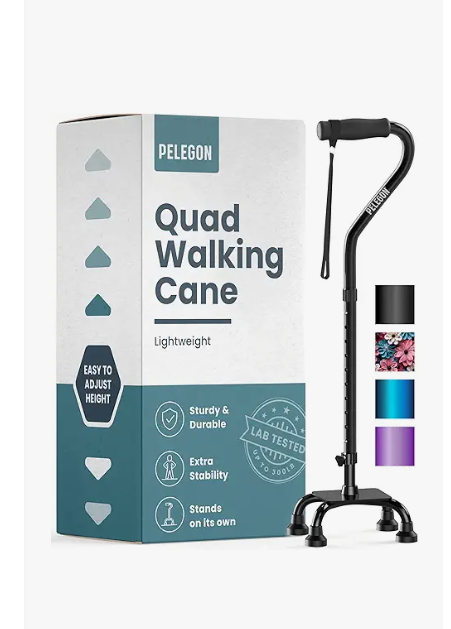 PELEGON Quad Cane (300 lb)  Adjustable Walking Cane with A Large 4 Pronged Base for Extra Balance & Stability, Walking Canes for Seniors, Walking Cane for Men & Women, Walking Sticks (Blue)