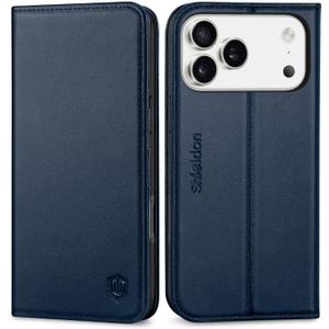 SHIELDON Genuine Leather Case Wallet for iPhone 17 Pro Max 6.9-inch 2025 | Foldable Kickstand, RFID Blocking 3 Credit Card Holder, Magnetic, Shock-Absorbent Phone Cover - Navy Blue