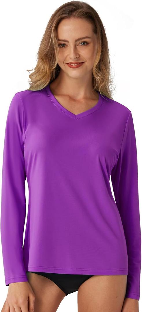 Women's Standard V-Neck UPF 50+ Long Sleeve Swim Rash Guard Shirt (XXL)